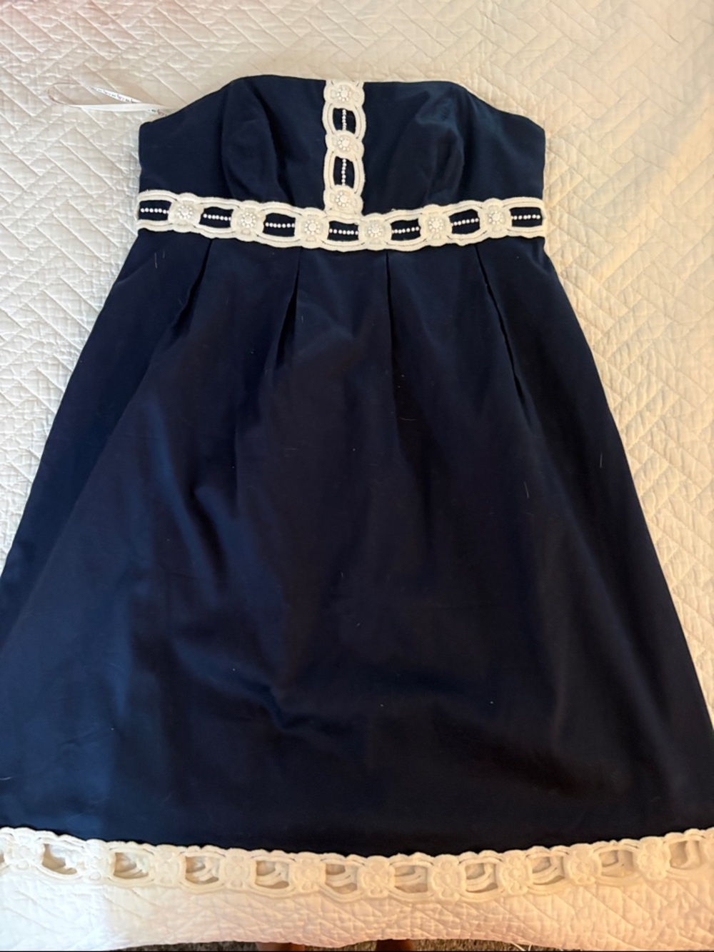 Lilly Pulitzer Navy Strapless Dress with White Crochet Trim